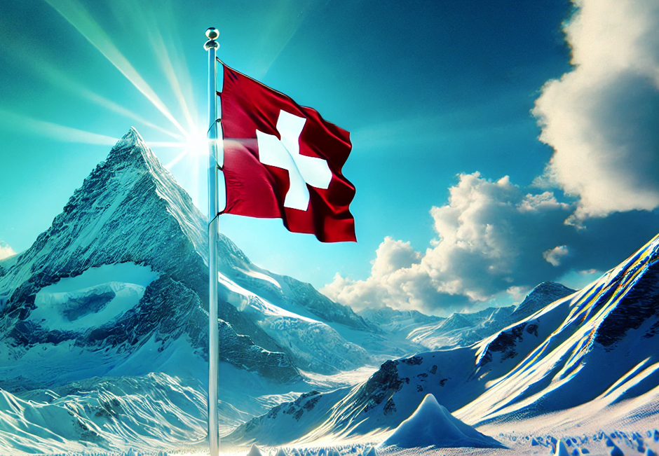 Mountains with Snow and the Swiss Flag