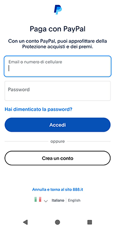 Reindirizzamento da 888casino alla pagina login di PayPal