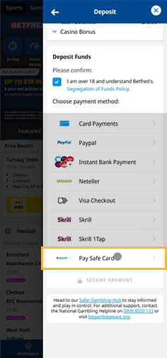 Betfred Casino Cashier with Payment Methods Including Paysafecard