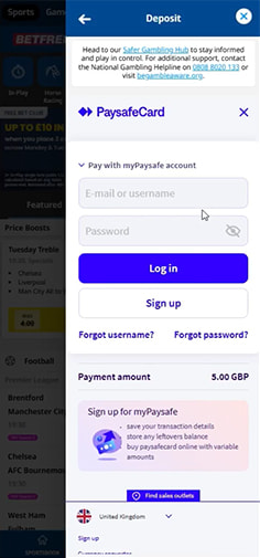 Redirect from Betfred to Paysafecard Login Page