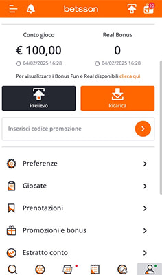 La cassa dell'app del casinò Betsson