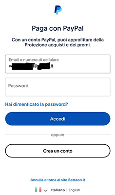 Reindirizzamento da Betsson alla pagina login di PayPal