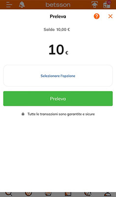 L'invio della richiesta di prelievo sull'app di Betsson