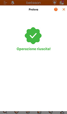 La conferma della ricezione dell'accredito dall'app di Betsson