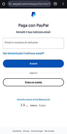 Reindirizzamento da Betway alla pagina di PayPal