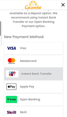 Select Instant Bank Transfer for Your Casimba Deposit