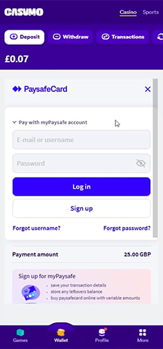 Redirect from Casumo to Paysafecard Login Page