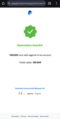 Conferma deposito con PayPal su Betway