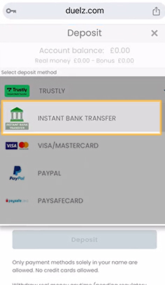 Select Bank Transfer from the Duelz Cashier Section