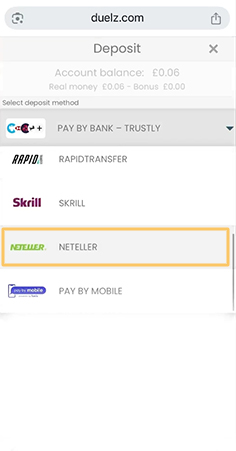 Duelz Casino Cashier with Payment Methods