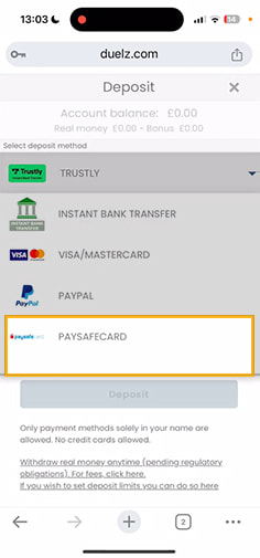 Duelz Casino Cashier with Payment Methods Including Paysafecard