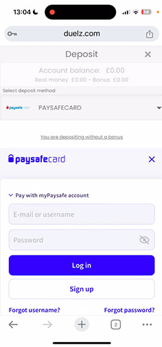 Redirect from Duelz to Paysafecard Login Page