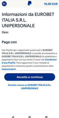 Reindirizzamento da Eurobet alla pagina login di PayPal