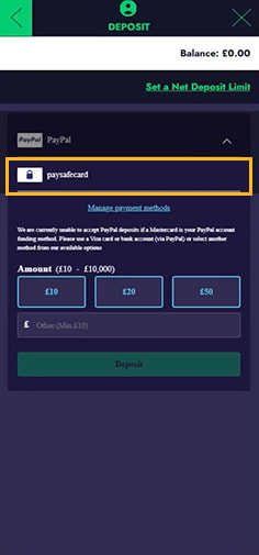 Grosvenor Casino Cashier with Payment Methods Including Paysafecard