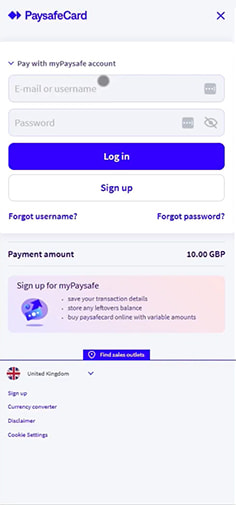 Redirect from Grosvenor to Paysafecard Login Page