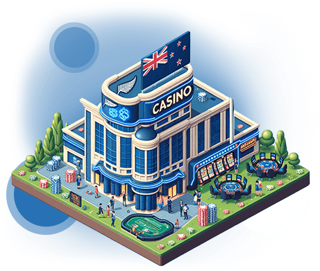 Animated NZ casino site with New Zealand flag, kiwi players, and various table games.