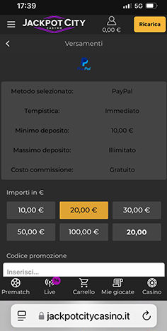 La cassa del casinò JackpotCity con selezione importo deposito