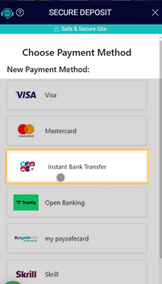 Choose Instant Bank Transfer at the Karamba 'Deposit' Section