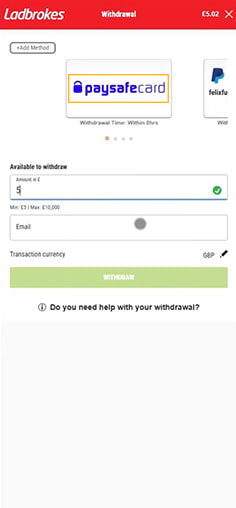 Ladbrokes Casino Cashier with Paysafecard Withdrawal Method Selected