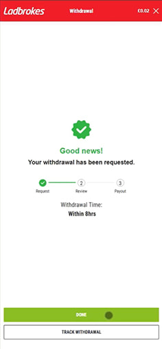 Confirmation of Paysafecard Withdrawal Request at Ladbrokes