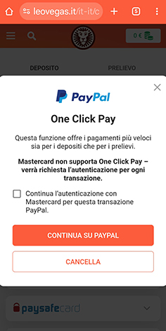 Reindirizzamento da LeoVegas alla pagina login di PayPal