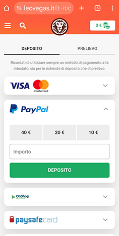 La cassa del casinò LeoVegas con selezione importo deposito