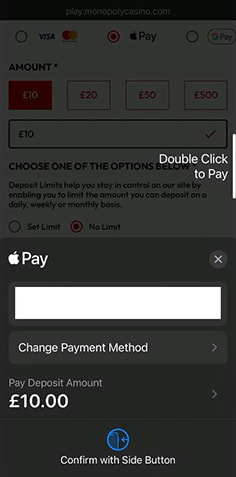 Redirect from MONOPOLY Casino to Apple Pay