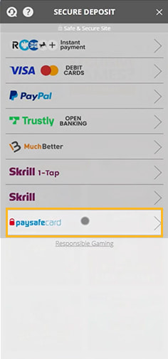 Mr Mega Casino Cashier with Payment Methods Including Paysafecard