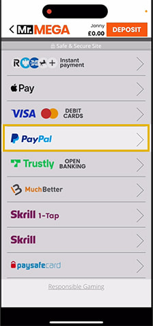 Mr Mega Casino Cashier with Payment methods