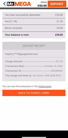 PayPal Deposit Receipt at Mr Mega