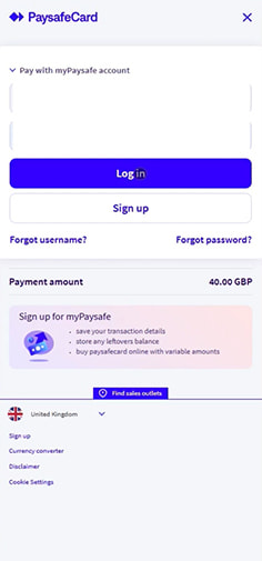 Redirect from Mr Mega to Paysafecard Login Page