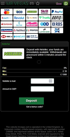 Mr Vegas Casino Cashier with Deposit Amount