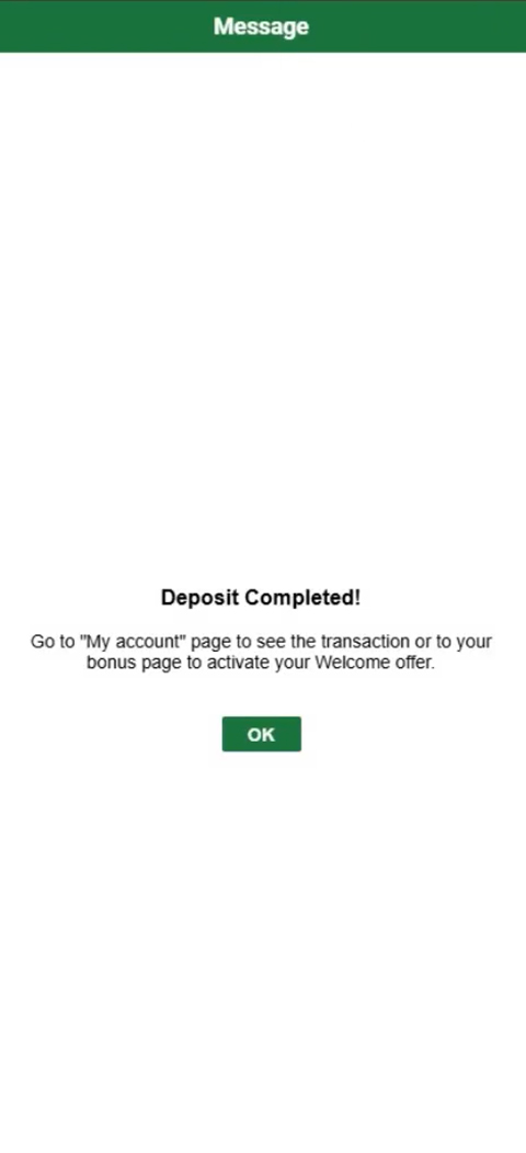 Mr Vegas Deposit Completed Message