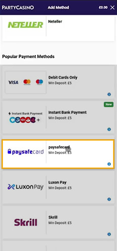 PartyCasino Cashier with Payment Methods Including Paysafecard