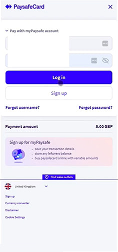 Redirect from PartyCasino to Paysafecard Login Page