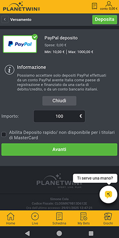 Reindirizzamento da Planetwin365 alla pagina login di PayPal