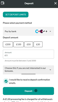 Select the Bank Transfer Option and Enter Deposit Amount