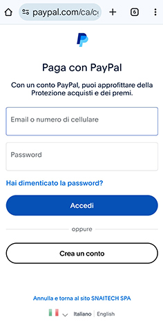 Reindirizzamento da SNAI alla pagina login di PayPal