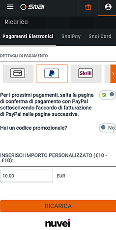 La cassa del casinò SNAI con selezione importo deposito