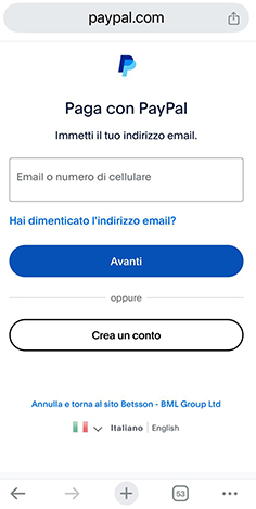 Reindirizzamento da StarCasinò alla pagina login di PayPal