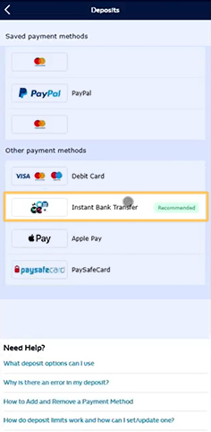 Select Bank Transfer in the William Hill 'Deposit' Section